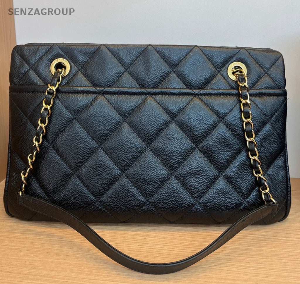 Chanel Calfskin Tote Chain Shoulder Bag Black Gold Diamond Women CC Logo Classic