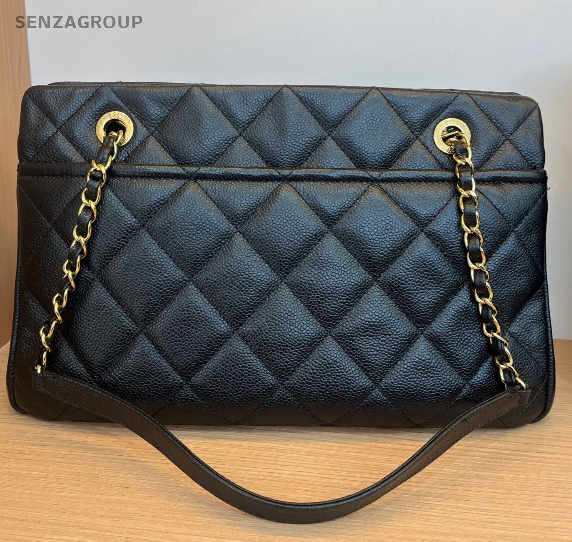 Chanel Calfskin Tote Chain Shoulder Bag Black Gold Diamond Women CC Logo Classic