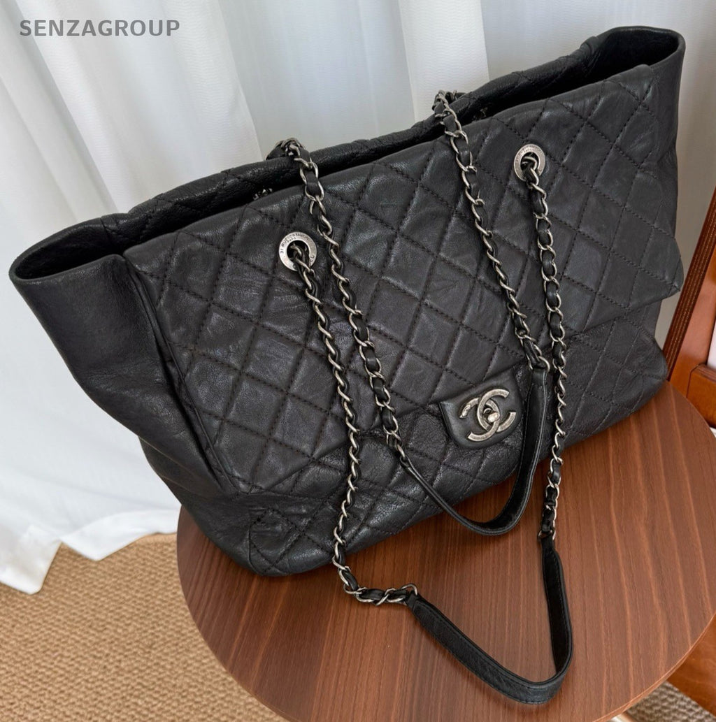 CHANEL Classic Flap Tote Calfskin Chain Shoulder bag Black Silver Women Handbag