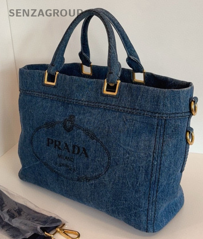 Prada Denim Tote 2Way Top Handle Bag Shoulder Bag Blue Gold Women Classic
