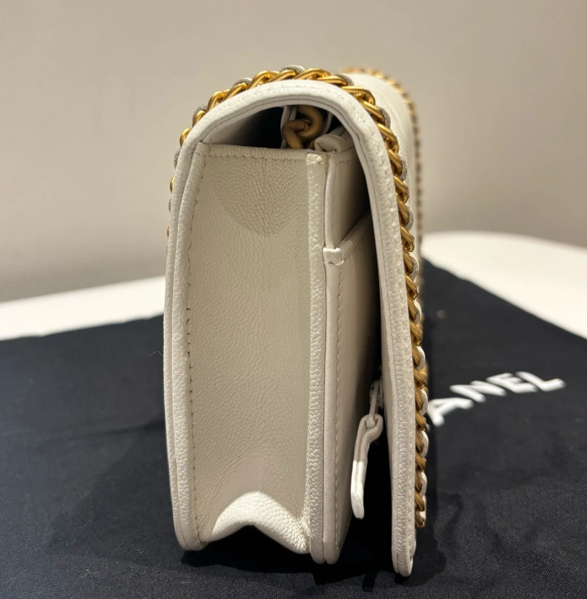 Chanel Leboy WOC Chain Shoulder Bag Crossbody White Gold Diamond Women Classic