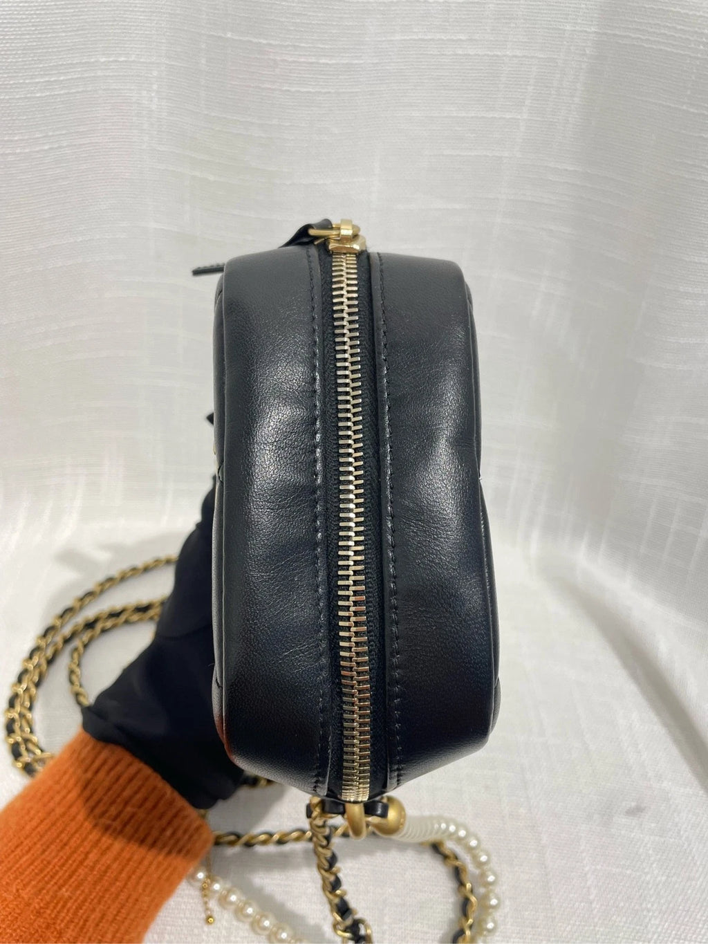 CHANEL Leather Mini Pearl Chain Camera Crossbody For Women