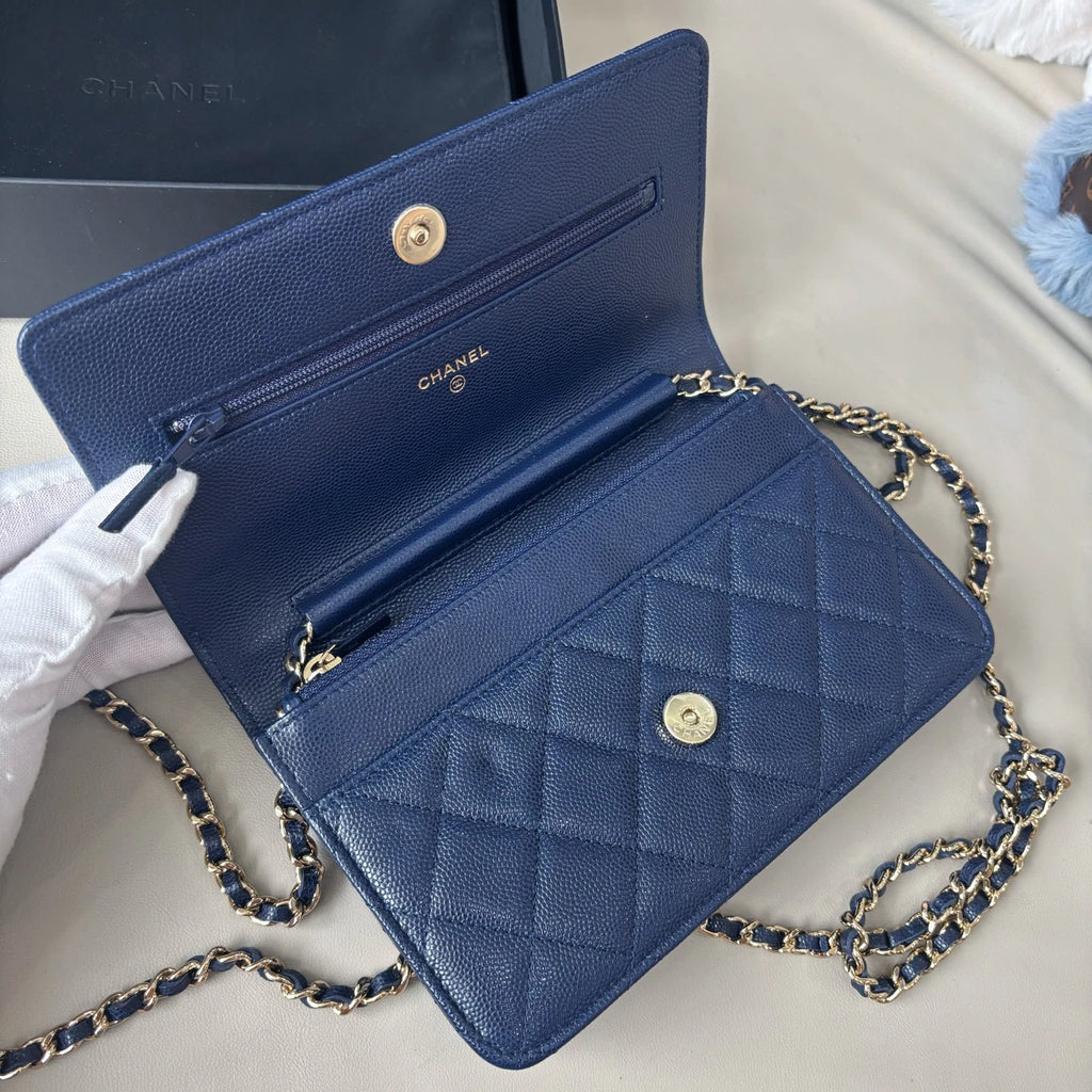 Excellent Chanel WOC Calfskin Blue Shoulder Bag Crossbody Gold Hardware Diamond