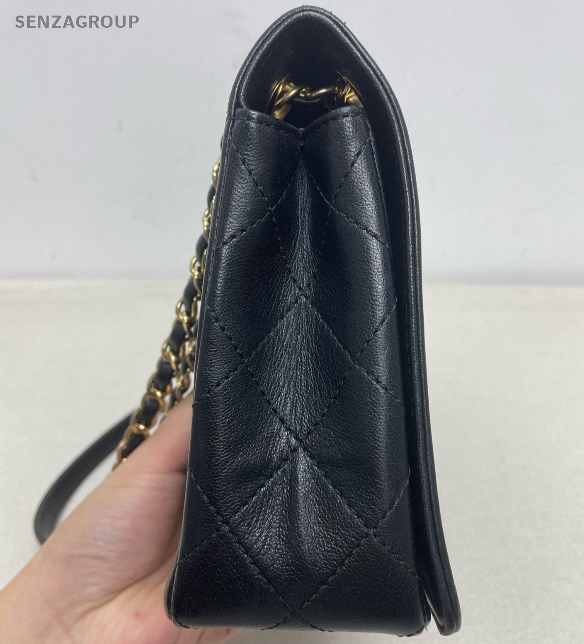 Chanel Classic Flap GM Chain Shoulder Bag Black Gold Women Fashion