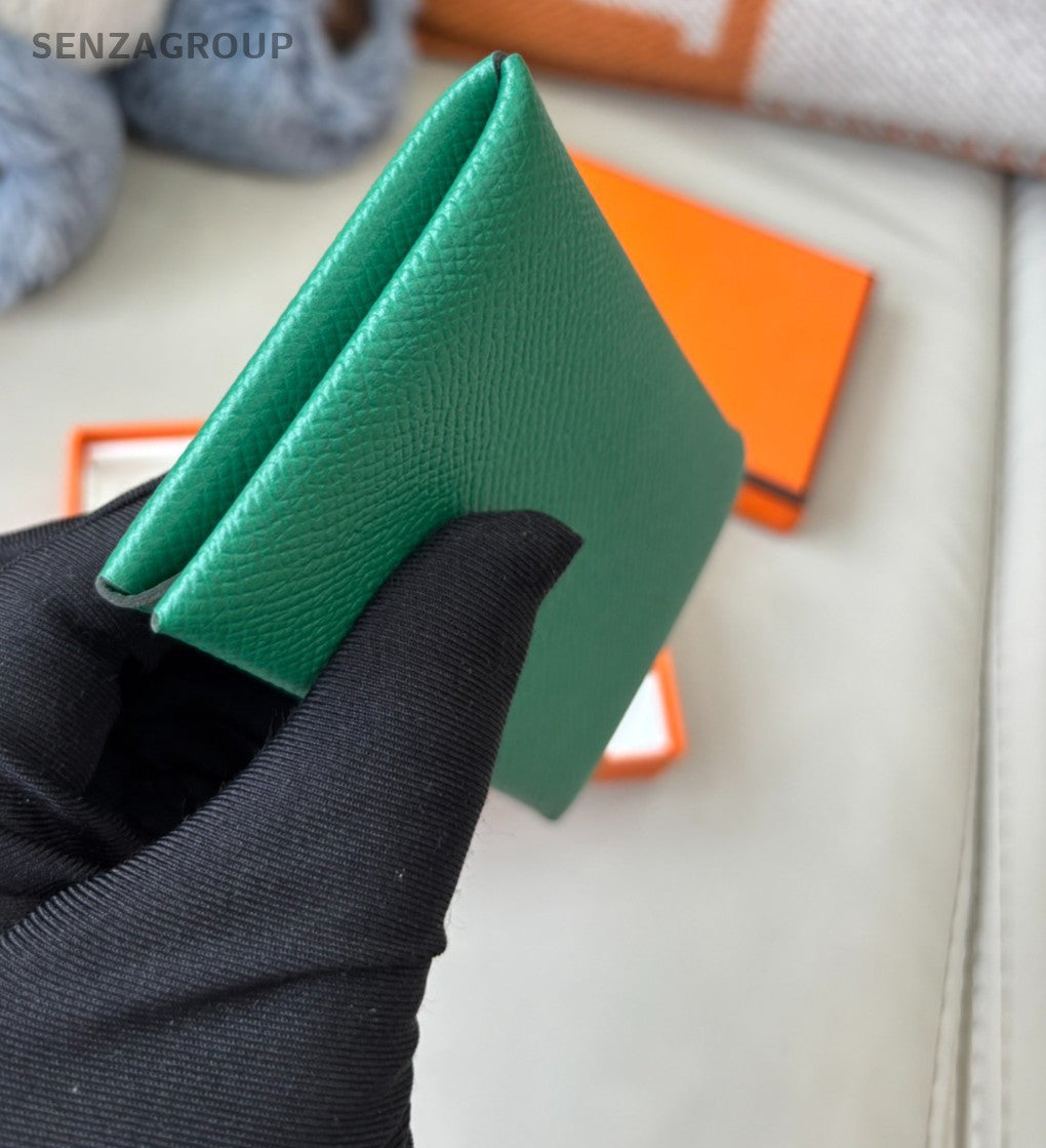 Hermes Calvi Card Case Green Epsom Leather Purse