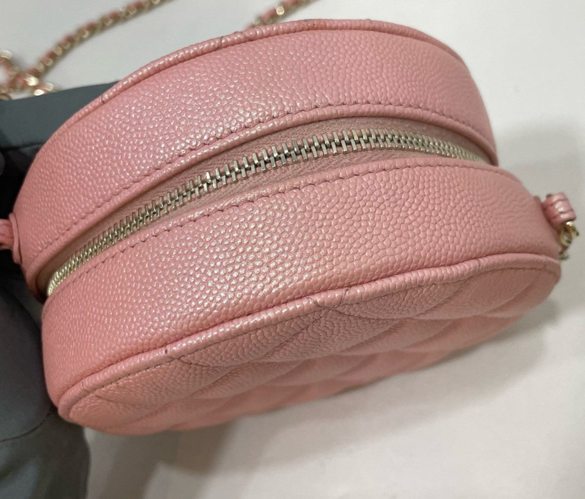 Chanel Diamond Lambskin Round Bag Chain Crossbody Pink Gold Women Classic