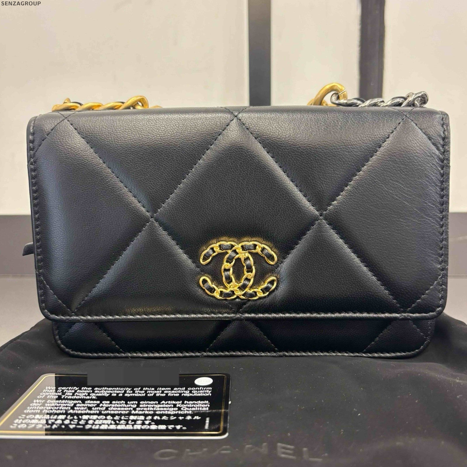 Chanel Black Gold 19 Bag WOC Lambskin Chain Shoulder Crossbody Bag