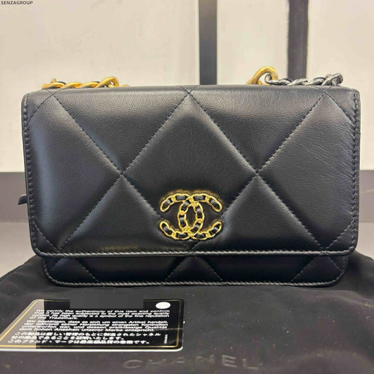 Chanel Black Gold 19 Bag WOC Lambskin Chain Shoulder Crossbody Bag