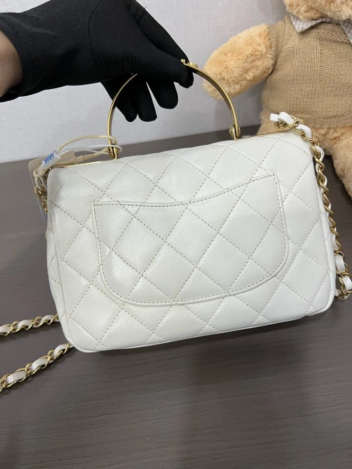 Authentic CHANEL White Diamond Top Handle Bag Crossbody For Women
