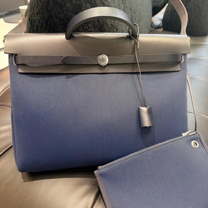 Hermes Herbag39 Canvas Top Handle Shoulder Crossbody Blue Silver Women D