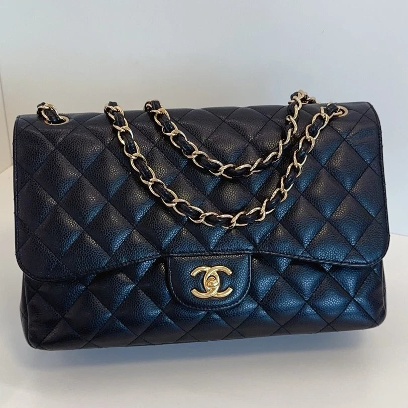 Chanel Classic Flap Jumbo Chain Shoulder Crossbody Black Gold Women Diamond
