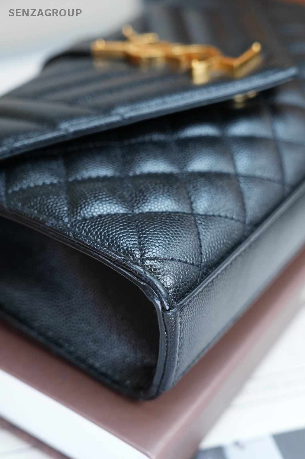YSL Saint Laurent Envelope MM Caviar Leather V-pattern Shoulder Bag Women Black