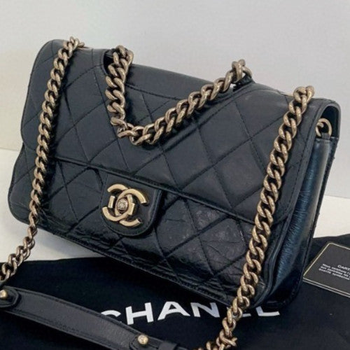 Chanel Classic Flap PM Chain Shoulder Bag Black Gold Women Fashion