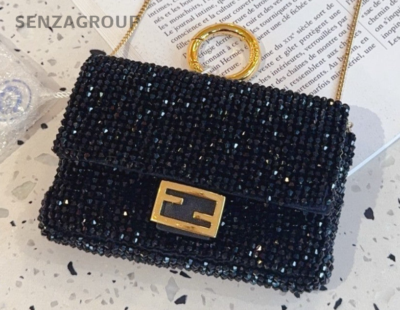 Fendi nano baguette Black beaded string Purse Chain Shoulder bag Crossbody