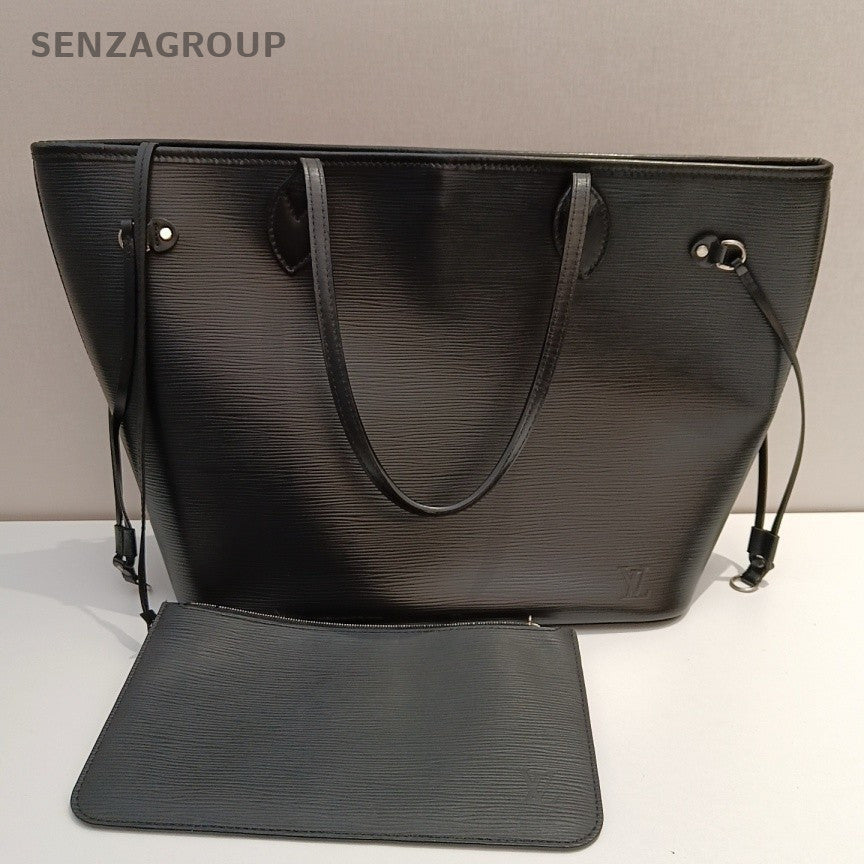Louis Vuitton Neverfull MM Epi Tote Shoulder Bag Black Silver Women Classic