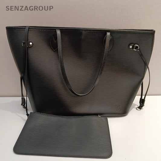 Louis Vuitton Neverfull MM Epi Tote Shoulder Bag Black Silver Women Classic