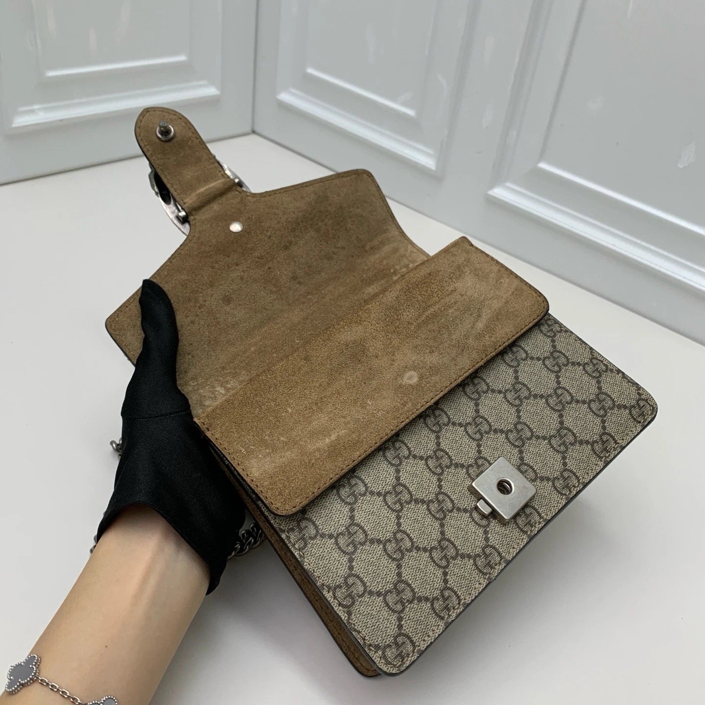 Gucci Dionysus Canvas Suede Chain Shoulder Crossbody Brown Silver Women Classic