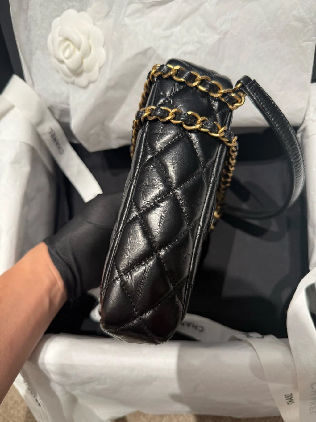 CHANEL Mini Black Gold Hobo Shoulder Bag For Women