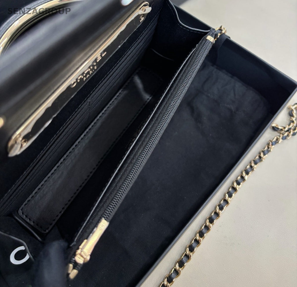 Chanel WOC Diamond Chain Shoulder Bag Crossbody Black Gold Women Classic