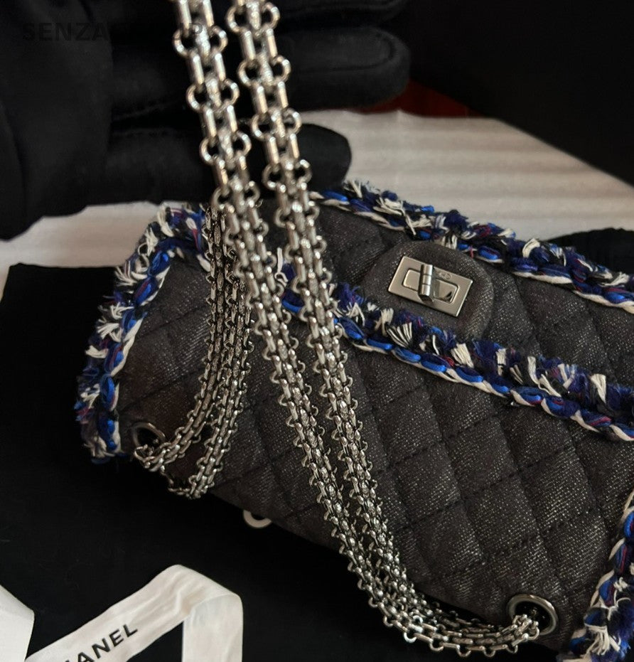 Chanel 2.55 Chain Crossbody Shoulder Bag Blue Black Silver Women Diamond Classic