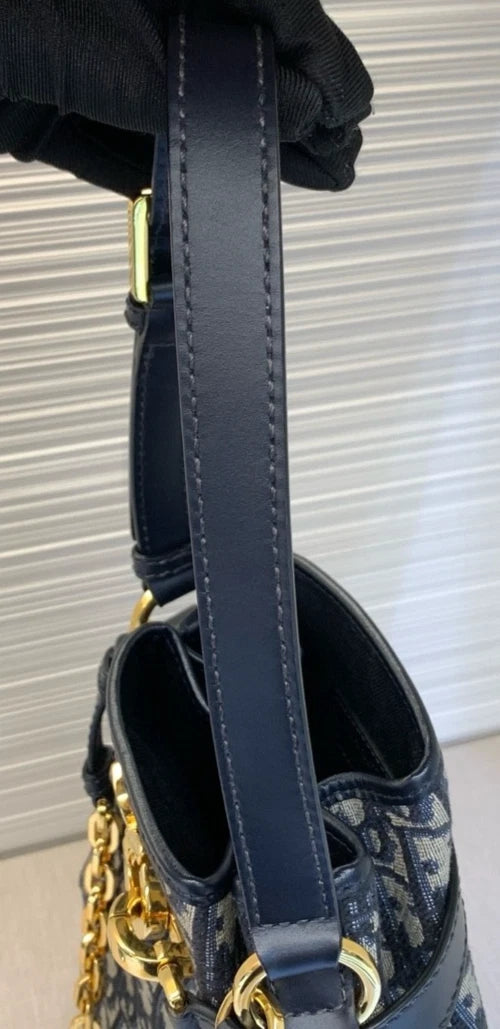 Christian Dior Monogram Blue Gold Drawstring bucket shoulder Bag with DUST Bag - Pre-Owned