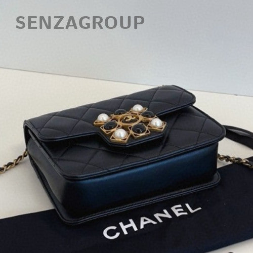 Chanel Calfskin Chain Shoulder Bag Black Gold Classic Women Diamond