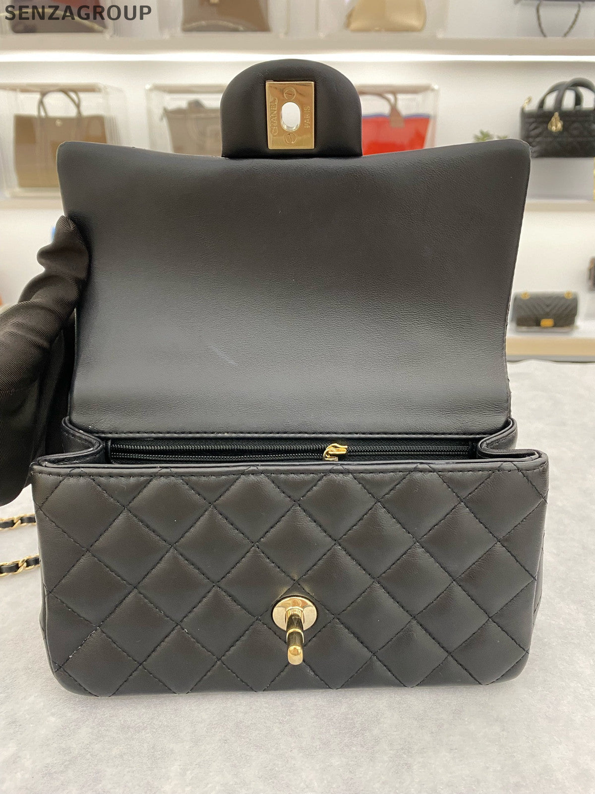 Chanel Classic Flap Mini Black Gold Lamb Leather Shoulder Bag Lion Charm