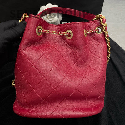 Chanel Red Drawstring Bucket Bag with Gold Chain Strap - Women's Fashion
