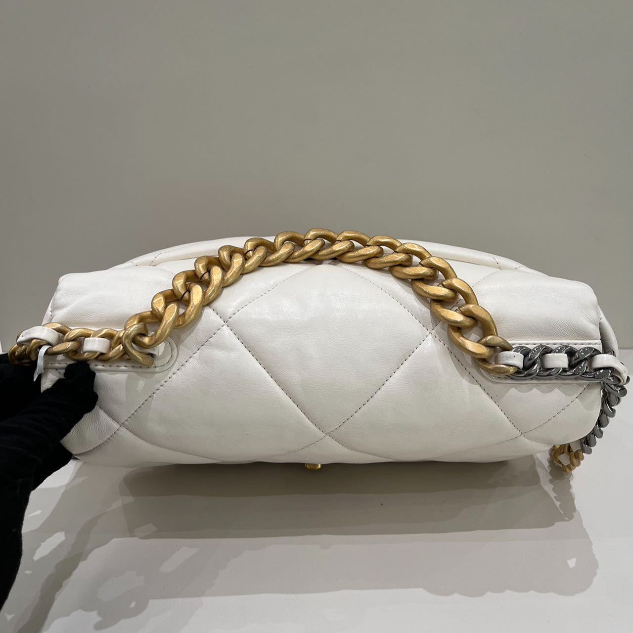 Chanel 19 Medium Quilted Bag White Gold Chain Shoulder Crossbody