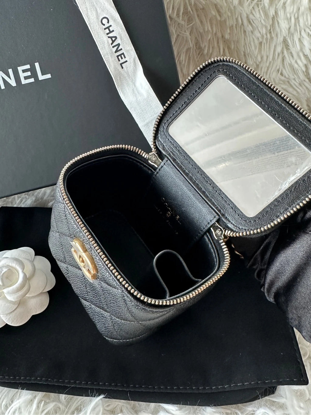 Chanel Black Leather Heart Button Mini Square Box Bag For Women