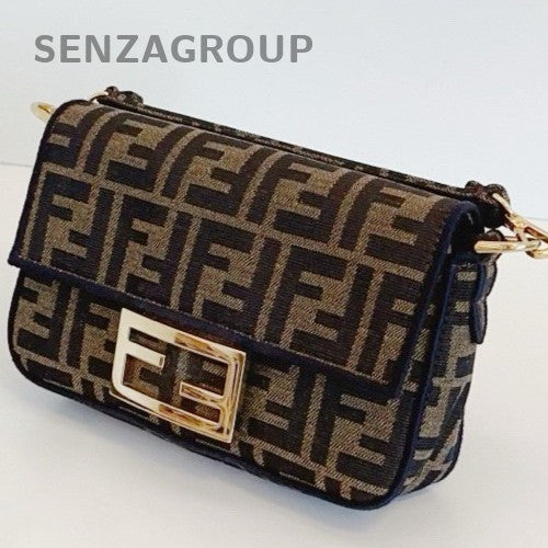 Fendi Baguette Mini Top Handle Bag Chain Crossbody Brown Gold Women Classic