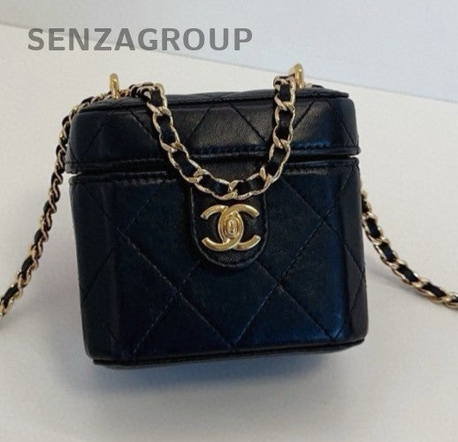 Chanel Lambskin Box Chain Shoulder Bag Crossbody Black Gold Women Classic