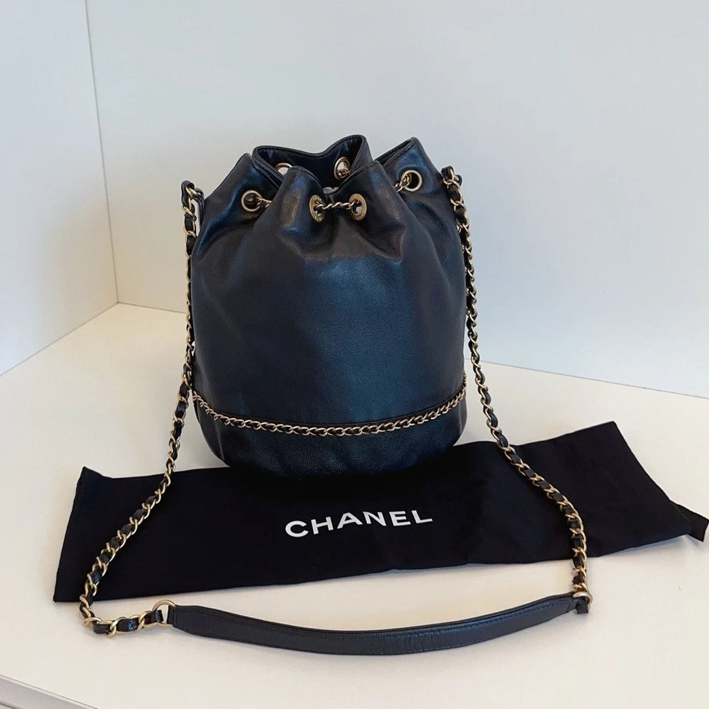 Chanel Greece Line Bucket Soft Calfskin Crossbody Bag Black Gold Women