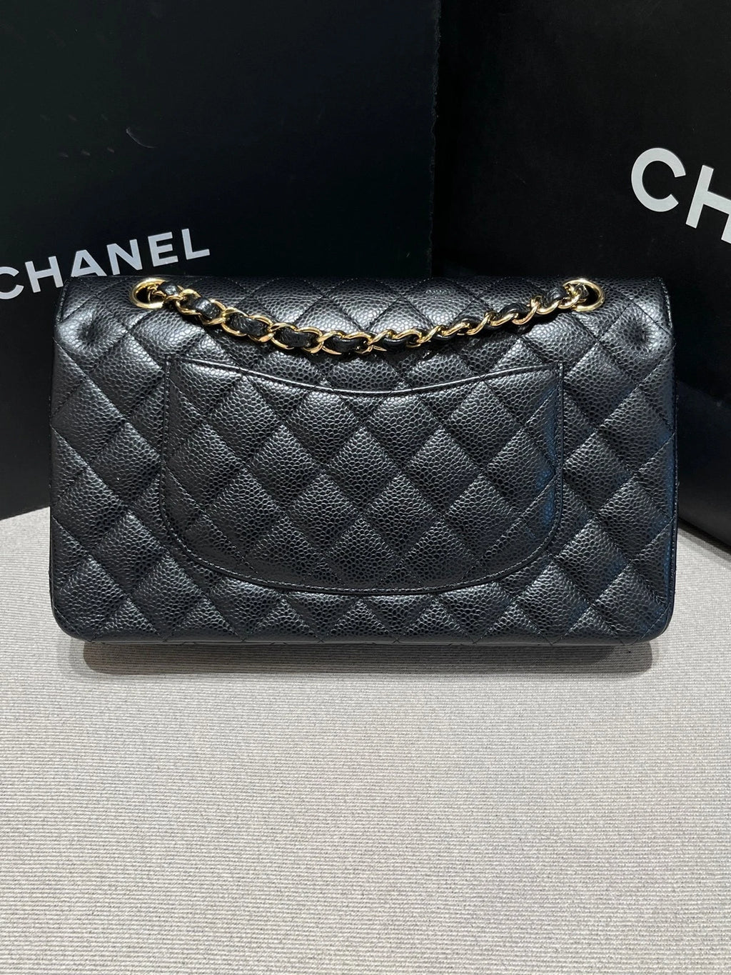 CHANEL Medium Classic Flap Black Gold Leather Shoulder Bag For Women