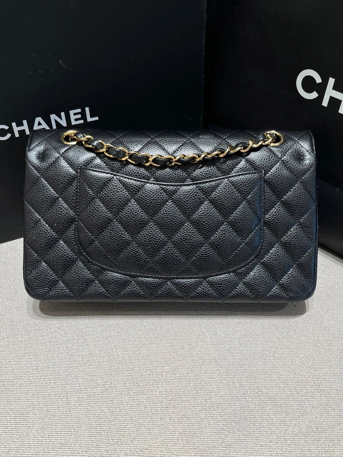 CHANEL Medium Classic Flap Black Gold Leather Shoulder Bag For Women