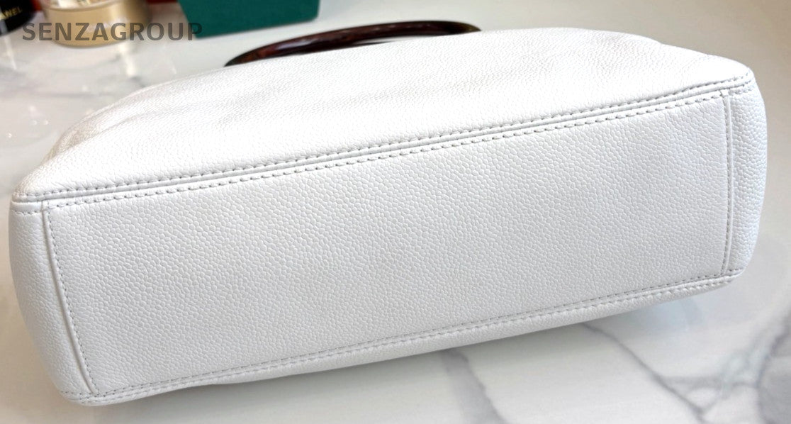 CHANEL CC Top Handle Pear blossom wood handle Handbag Calfskin White Women