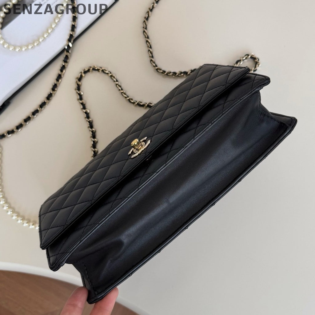 Chanel WOC Diamond Pearl Chain Shoulder Crossbody Black Gold Women Classic