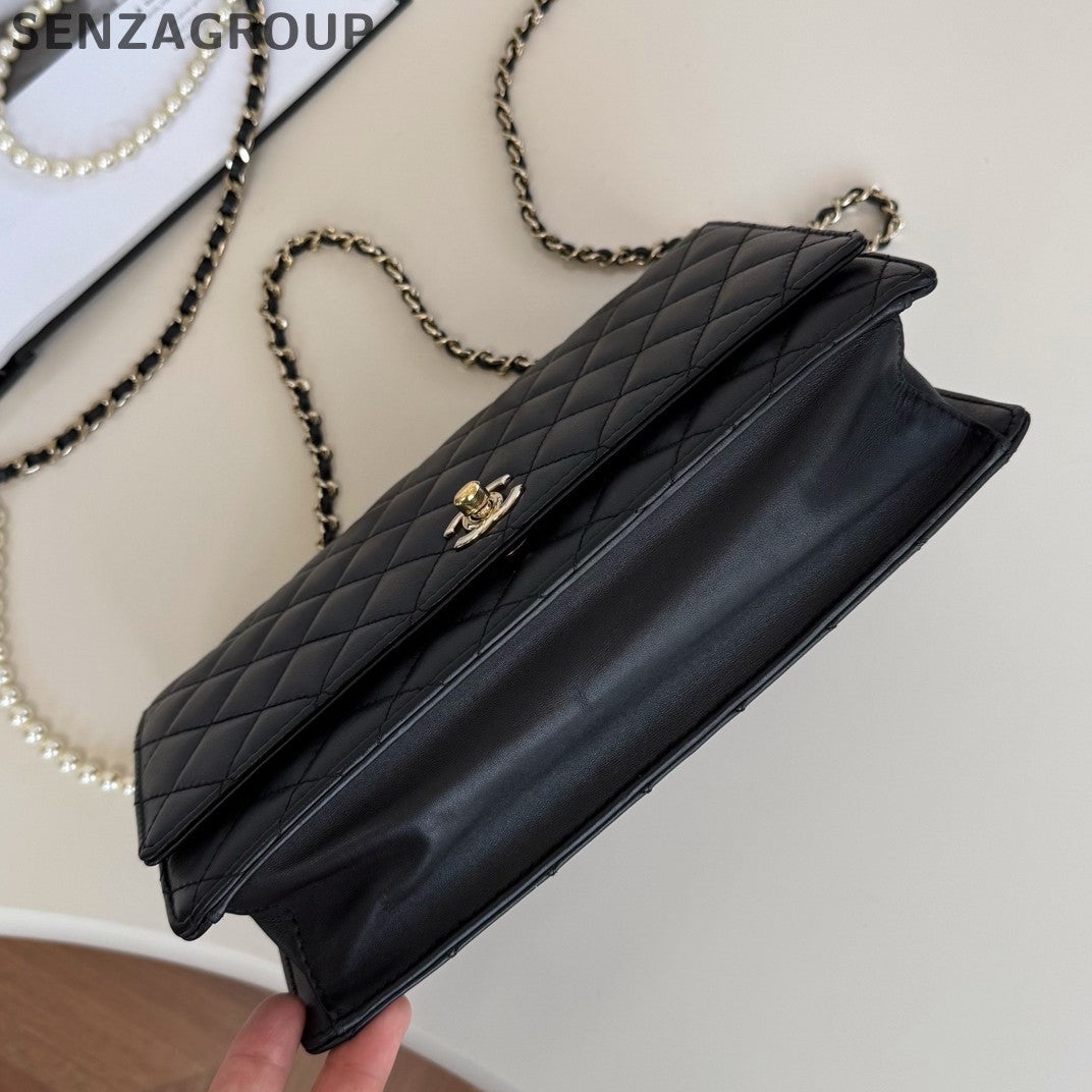 Chanel WOC Diamond Pearl Chain Shoulder Crossbody Black Gold Women Classic