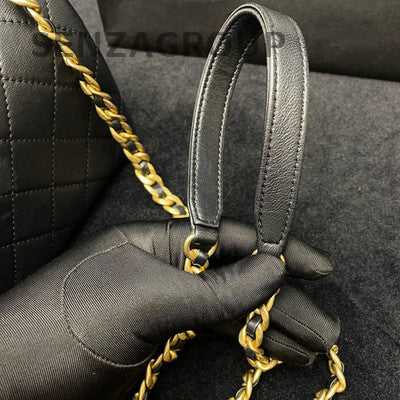 Chanel Black Gold Lambskin Quilted CC Top Handle Chain Crossbody Bag