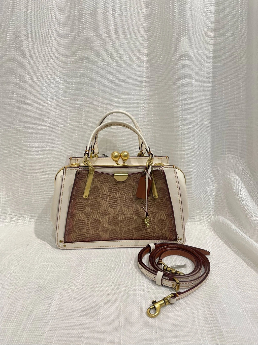 Coach Brown Beige Logo Print Top Handle Crossbody For Women