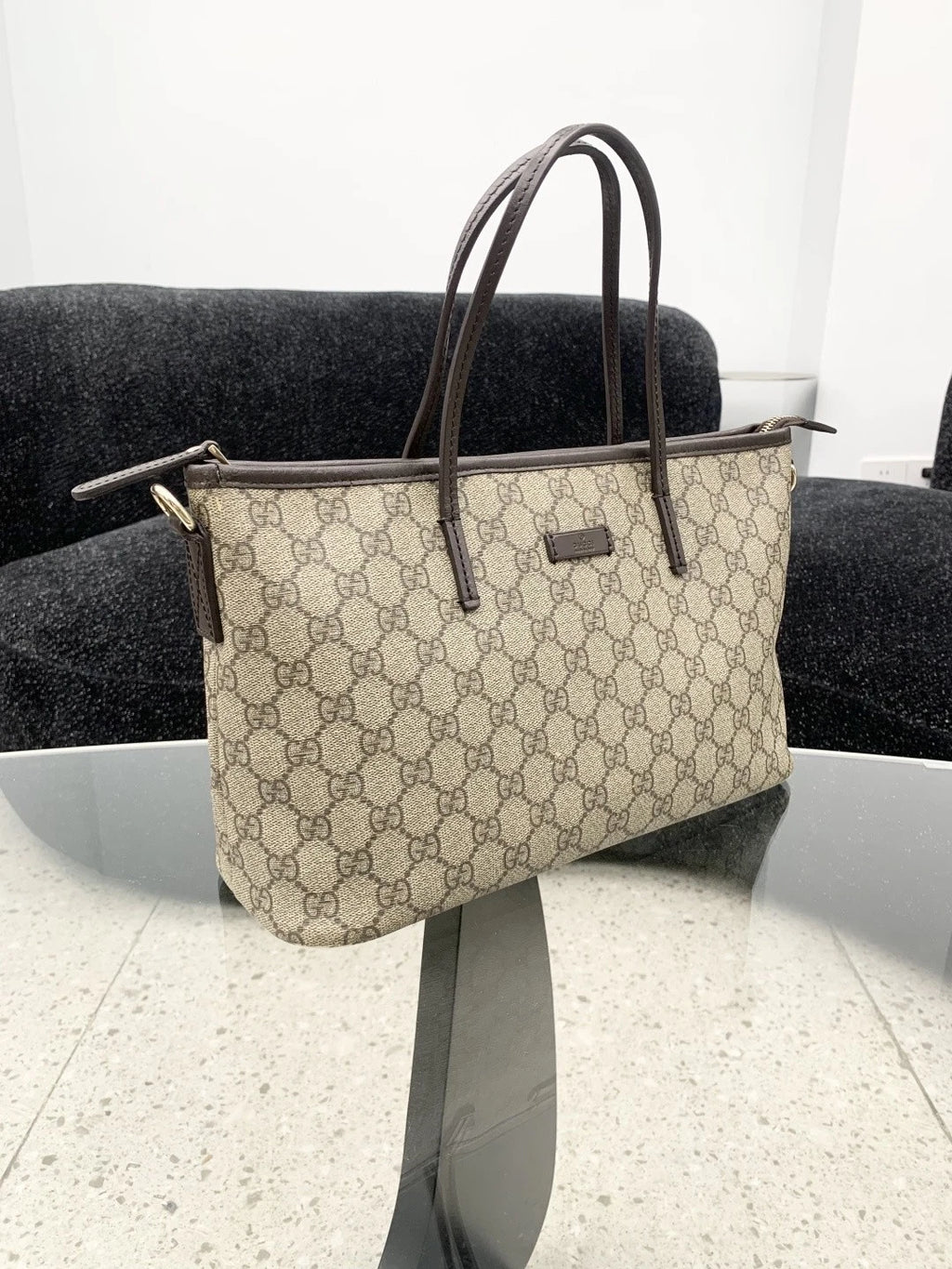 Gucci Tote PM Calfskin Monogram Shoulder Bag Brown Women Classic S