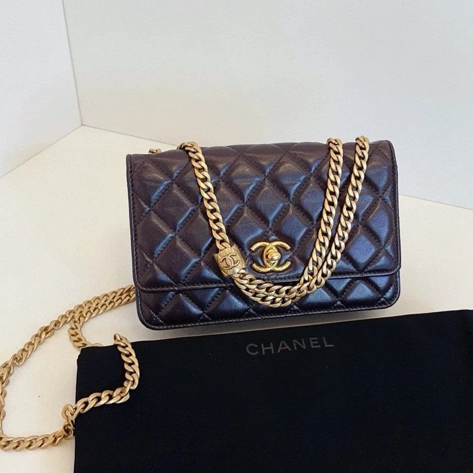 Chanel WOC Chain Shoulder Bag Crossbody Brown Gold Diamond Classic Women