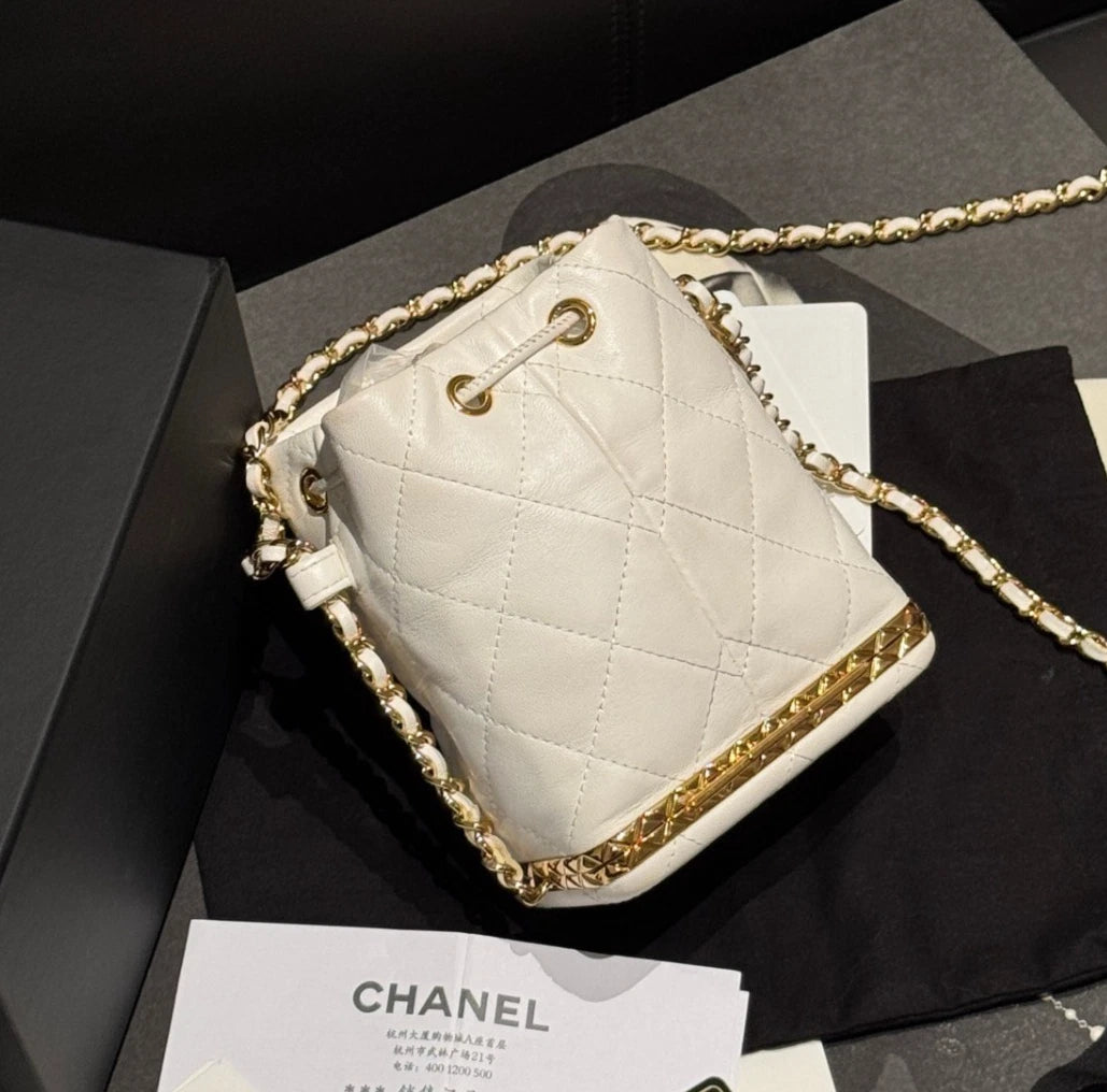 Chanel Small Bucket Diamond Shoulder Bag Crossbody White Women