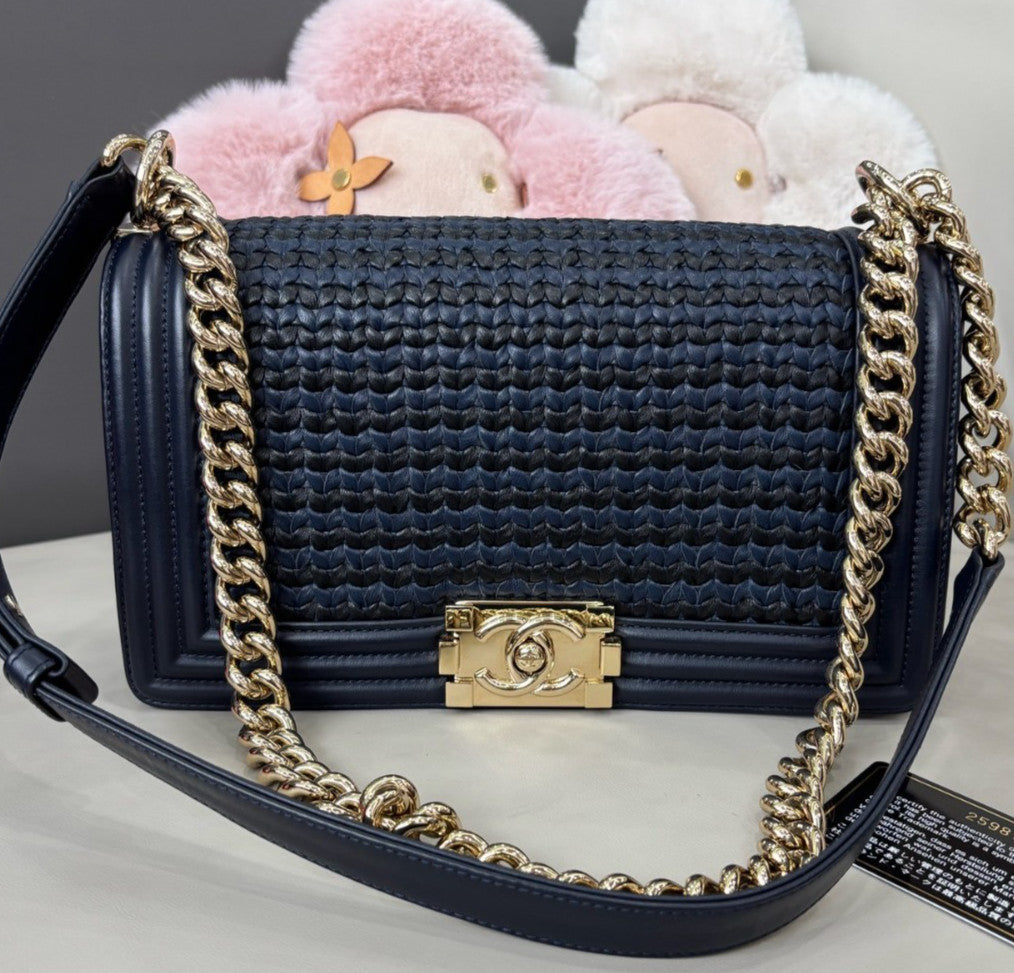 Chanel Leboy MM Chain Shoulder Bag Crossbody Blue Gold Women Classic Fashion