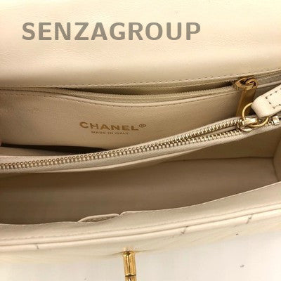 Chanel White Gold V-Pattern Calfskin Handbag Chain Strap Classic Fashion