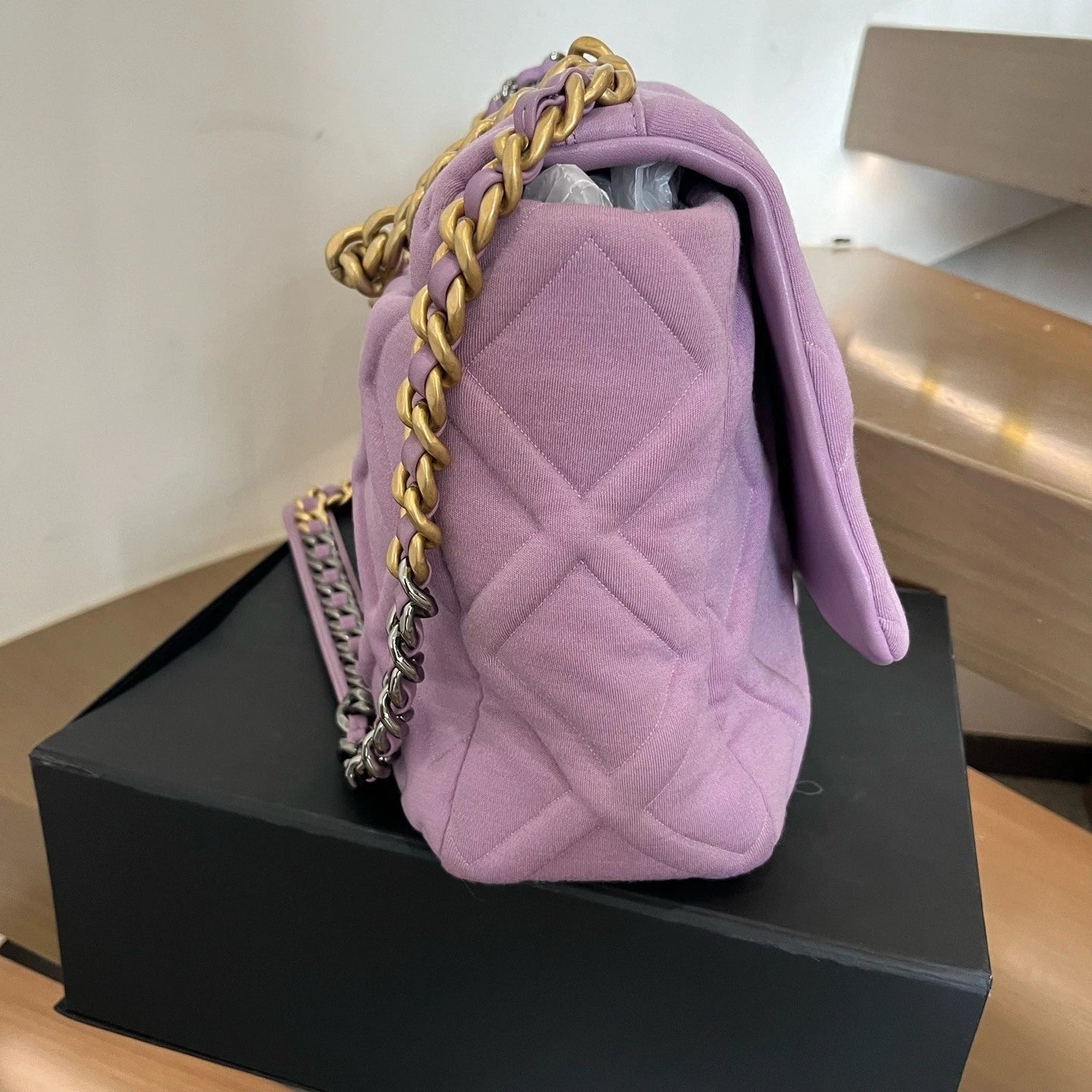 Chanel 19Bag Maxi Diamond Purple Shoulder Bag Turn Lock Women