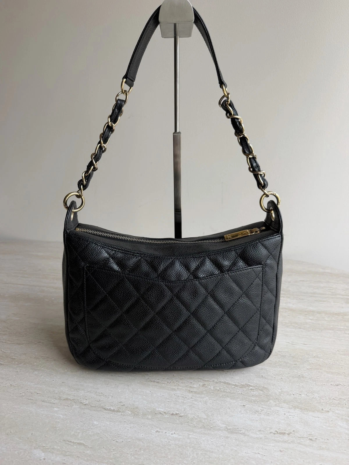 Chanel CC Logo Caviar Leather Diamond Gold Chain Underarm Shoulder Bag