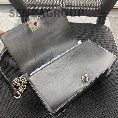 Chanel Le Boy Medium Black Silver Calfskin Quilted Shoulder Bag Classic