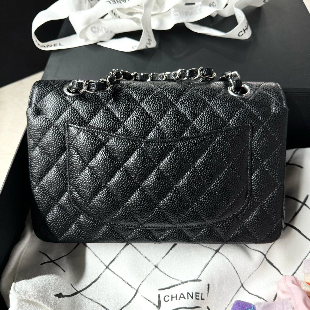 New CHANEL Classic Flap Small Black Calfskin Silver Hardware Bag For Women