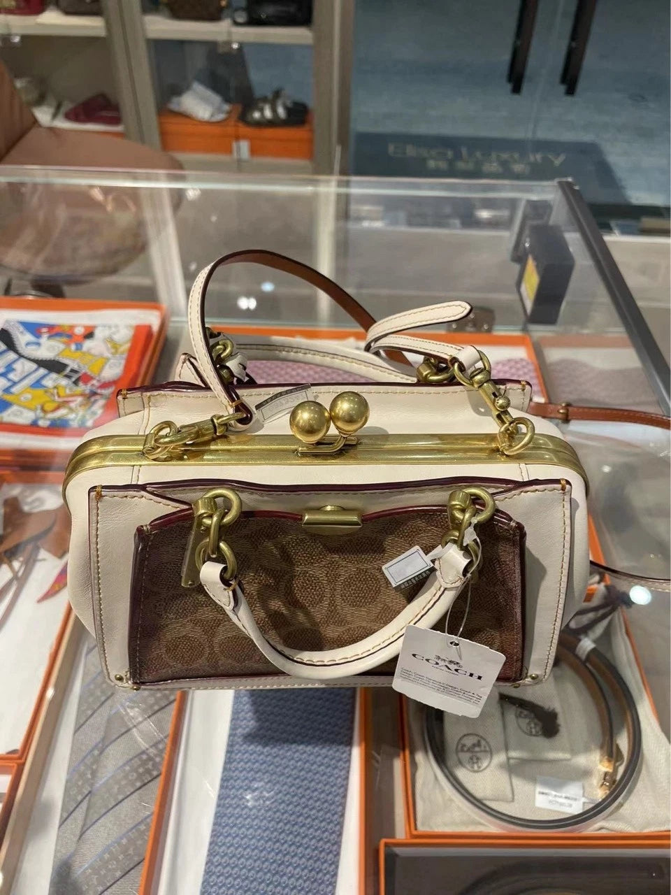 Coach Brown Beige Logo Print Top Handle Crossbody For Women